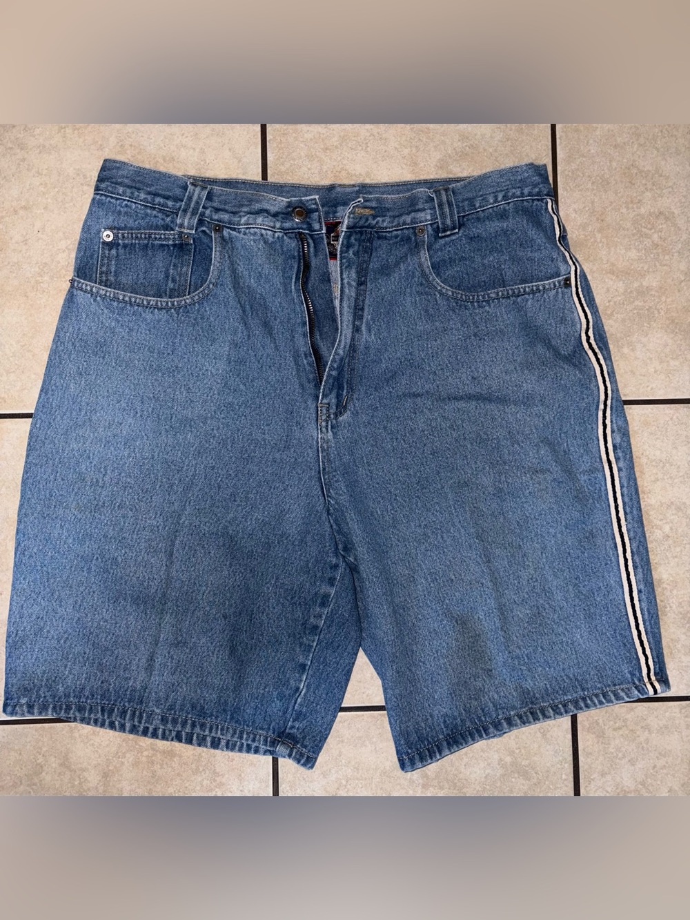 Vintage Bugle Boy Blue Denim Shorts with Side Stripe 36